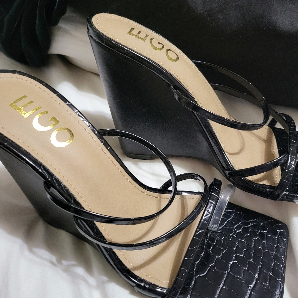 EGO black faux croc wedge heels size 6